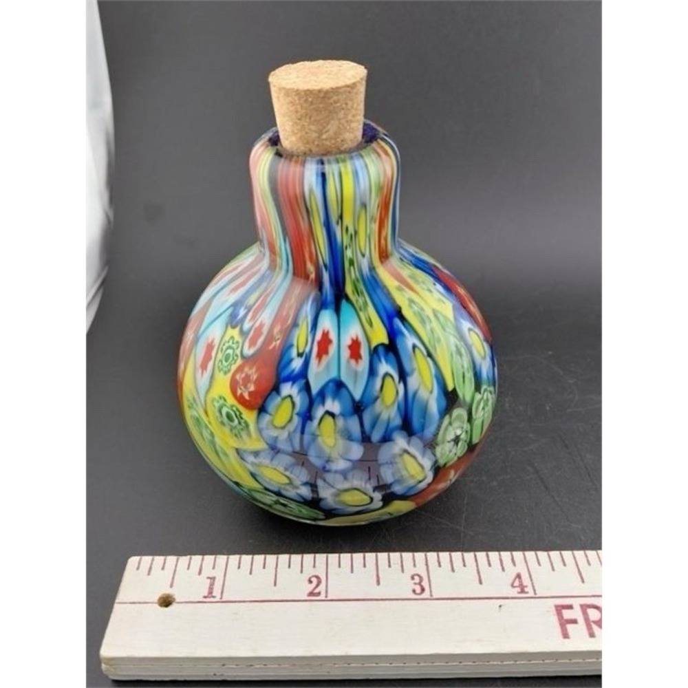 Murano Millefiori Art Vase/Perfume Bottle Teardrop Red Green Yellow Blue Floral - Picture 4 of 6